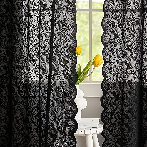 Juego de 2 Paneles de Cortinas Florales Negras de 108 Pulgadas de Largo, Elegantes Cortinas semitransparentes de Encaje Bohemio para Sala de Estar, Puerta corrediza de Cristal, 9 pies de Alto