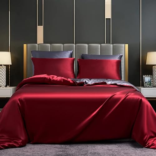 DXHOME Satin Bettwäsche 135x200 Rot Weinrot Grau Uni Wendebettwäsche Glatt Glänzend Satin Bettwäsche Sommer Luxuriöses Mikrofaser Kühlende Bettbezug mit Reißverschluss + 1Kissenbezug 80x80cm