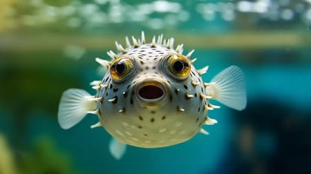 Acryl-Bild 70 x 40 cm: Nahaufnahme eines Kugelfisches, der in einem Aquarium schwimmt. Generative KI (204880473)