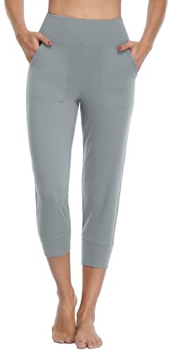 MOVE BEYOND Butterweiche Jogginghose Damen 3/4 Trainingshose Yoga Hose Sommer Capri Sporthose Hoher Bund, Hellgrau, L
