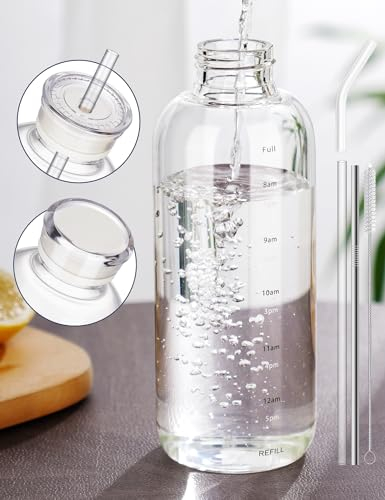 NiHome 750ml Trinkflasche aus Glas mit 2 deckel und Edelstahl-strohhalm,langlebiges Trinkgeschirr aus Borosilikatglas,Glastrinkflasche für für Büro, Gym, Schule und Zuhause (transparent)