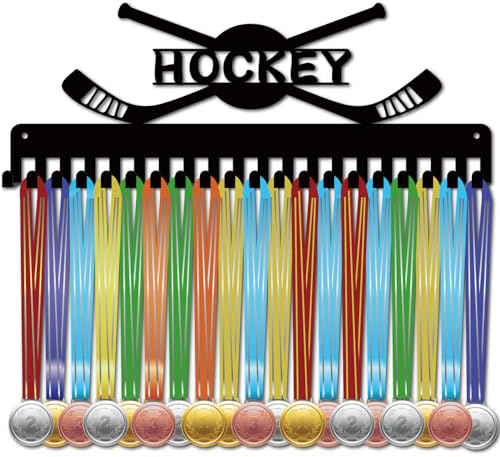 CREATCABIN Soporte Medallas Hockey,Colgador Medallas,Colgadores Exhibición,Estante Deportivo Metal Colgar Premios Atletas,Decoración Montaje En Pared Hierro para Competición,Hockey,Negro,40x15cm