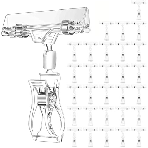 Ginobili 30 supporti per etichette, clip girevoli in plastica trasparente, clip per esposizione di cartelli, morsetto per cartellino del prezzo, facile da usare