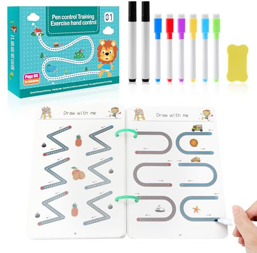 DAWRIS Magische Vorschule Übungshefte, übungsheft mit Stift, Wiederverwendbar Handschrift Nachziehen für Kinder, 8 Stift, für Kinder Kalligraphie,Zahlen,Zeichnung,Buchstaben Schreiben Lernen