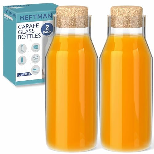 HEFTMAN Botella de cristal de 2 litros con tapa de corcho, jarra de agua transparente para bebidas calientes y frías, tarros de suavizante reutilizables, botella de almacenamiento de detergente con