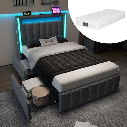 Polsterbett Einzelbett 90x200, LED Jugendbett mit USB Typ C Ladefunktion und 2 Schubladen, Bett Stauraumbett Funktionsbett Rückenlehne Bettgestell mit Holz Lattenrost, Leinen, Grau, Mit Matratze
