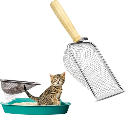 LightBeacon Pala per lettiera per Gatti, Distanza 5 mm Litter Box Scoop, Paletta Lettiera Gatto Metallo con Manico in Legno, Pala per Gatti in Metallo, Paletta Lettiera Gatto