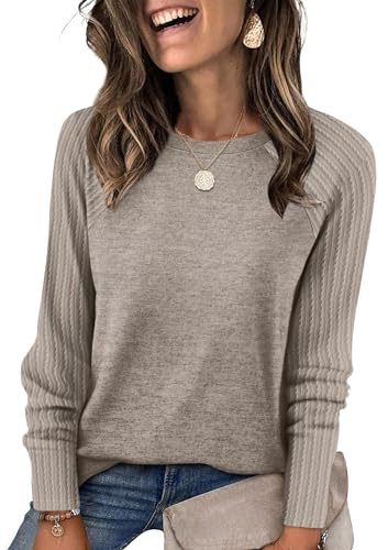 Aokosor Womens Top Crew Neck Patchwork blouse Long Sleeve Tops for Women Ladies Top Sweatshirt Basic Lightweight Tunic Beige Size 10-12