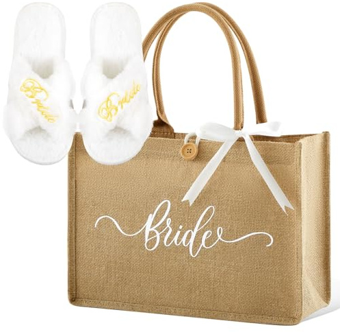 Hestya 2 Pezzi Set Regalo Sposa Borsa Tote in Iuta Scarpette da Sposa Bianche Ricamate Regalo per Addio al Nubilato, Matrimonio