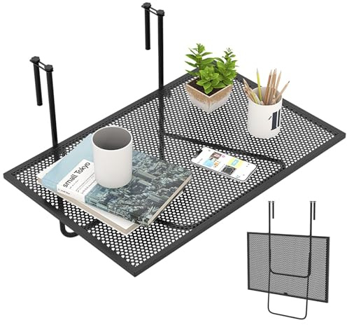 RELAX4LIFE Tavolino da Balcone, Tavolo da Ringhiera Pieghevole con Ganci Regolabili fino a 6 cm di Spessore, Struttura in Metallo Robusto, Design Salvaspazio, Portata 23 kg, Nero (60,5x50,5x51cm)