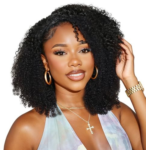 Half Wig Human Hair 200 Density Kinky Curly Half Wig 3 In 1 Seamless Flip Over Glueless Wigs Human Hair with Drawstring Beginner Friendly Curly Wig Headband Wig for Women Daily Wear 16 Inch