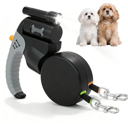 Correa retráctil para perros, correa extensible, con 2 cadenas compradas, giratorio de 360 ° a 360 °, reflectante, correa doble para perros medianos pequeños, negro y gris