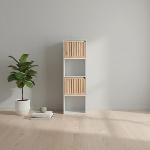 INDE MOBLEKIT | Estantería Cubo 4 Compartimentos 30x29x116 cm Blanca con 4 Puertas de Madera, Estantería Vertical Estrecha para Almacenaje en Salones, Despachos o Dormitorios