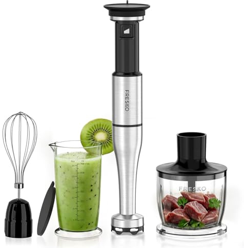 FRESKO Frullatore a Immersione, 1000W Frullatore in Acciaio Inox con Protezione per Pentole, 5 Accessori, Velocità Regolabile, Frullatore Manuale per Alimenti per Bambini, Zuppe, Smoothies