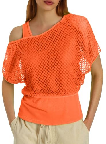 2 pièces Carnaval T-Shirt avec Gilet en Filet pour Femme Mesh Crop Top Résille Fluo avec Épaules Dénudées Tee Annees 80 Costume Deguisement pour Rétro Disco Costume Fête
