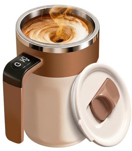 Automatisk självrörande kaffemugg med temperaturvisning, uppladdningsbar kaffekopp, 382 ml självrörande mugg med lock, rostfritt stål material lämpligt för mjölk och andra drycker, brun