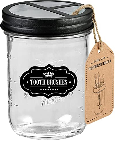 Komashr Mason Jar Toothbrush Holder-Black-with 16 Ounce Mason Jar
