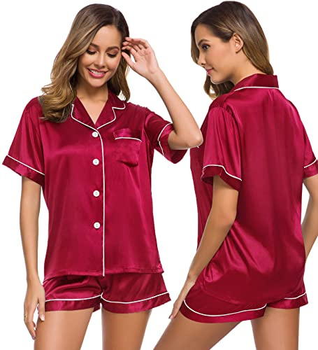 SWOMOG Conjunto de pijama de satén de seda para mujer, de manga corta, con botones y pantalones cortos, conjunto de pijama de 2 piezas XS-3XL, Rojo escarlata, XXL