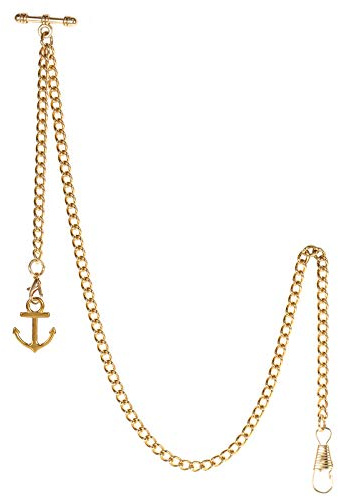 TREEWETO Chaîne de montre de poche Albert T-Bar, montre de poche vintage unisexe avec pendentif ancre antique et 2 crochets pour gilet boutonnière, or