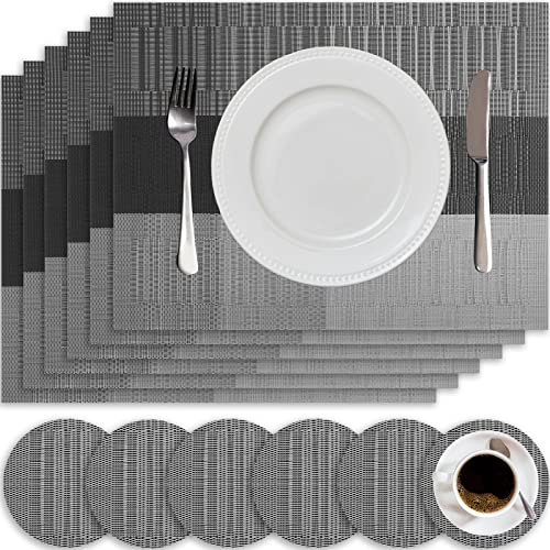 HEYOMART 6er Set Platzsets und Untersetzer, rutschfest Abwaschbar Tischsets, PVC Vinyl Hitzebeständig Platzdeckchen, Ideal für Küche, Party, Hochzeit usw, Grau & Schwarz