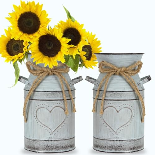 Dicunoy 2 PCS Metal Vases for Flowers,19cm Shabby Chic Flowers Vase for living Room, Vintage Galvanized Milke Can, Farmhouse Rustic Decorative, Smilk Churn Planter, Shabby Chic Home Accessories