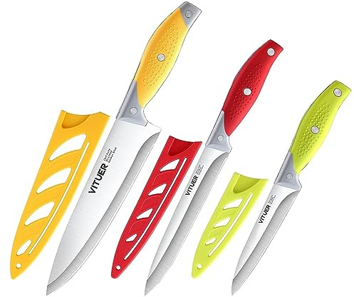 VITUER Chef Knife, 3PCS Kitchen Knife, Multicolor Stainless Steel Sharp Chef Knife Set (3Pack, Yellow, Red, Green)