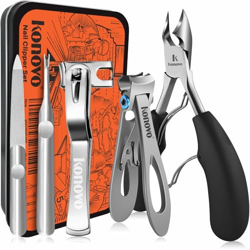 Konovo Toenail Clippers Kit for Seniors, Thick Toenails, 5pcs: Heavy Duty, 16mm Wide Jaw, 360° Rotating, Nail File, Cuticle Fork, Orange, Stainless Steel, Rubber