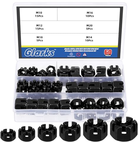 Glarks 60Pcs M10 M12 M14 M16 M18 M20 Black Hexagon Slotted Nuts Assortment Kit, 6 Size Carbon Steel Hex Castle Nuts for Car Moto Furniture Fasteners Repair