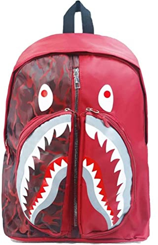 Shark-ryggsäckar, Shark Camo-ryggsäckar med Slitstarka, Vattentäta, Justerbara Axelremmar, Graffiti Shark-ryggsäck med Stor Kapacitet, Lättviktsbokväska för Fritidsväska (Röd)