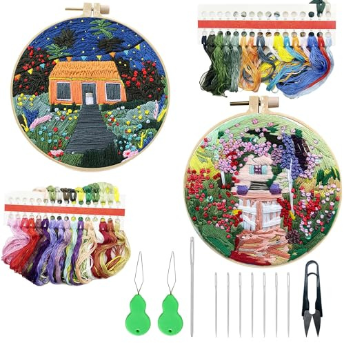 Allazone Kit de Inicio de Bordado, 2 Pz Juegos de Bordar con Patrones e Instrucciones, Kit de Bordado Principiantes, Kit de Herramienta con Aros de Bordado,Tela Bordada, Hilos de Colores (Jardín)