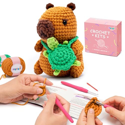 Mewaii Crochet Kit for Beginners Level 1 with 40% Extra Pre-Started Easy Yarn, Step-by-Step Video Tutorials for Adults and Kids (Capybara)