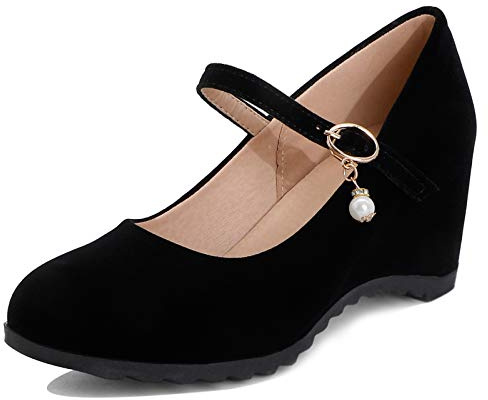 Diuniarza Compensées Mary Jane Suède Femme Bride Cheville Pumps Rétro Classiques Chaussures Habillées Bout Rond Elegant Mode Noir Taille 34 EU