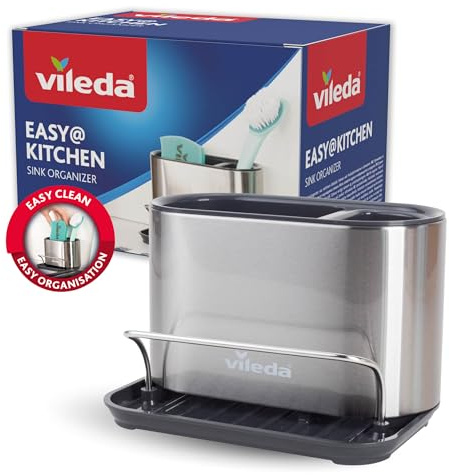 vileda Spülbecken Organizer Edelstahl mit Schwammhalterung - Praktischer Halter für Schwämme, Bürsten & Seifenspender - Platzsparend & Rostfrei - Ordnungshelfer für Saubere Küchenarbeit
