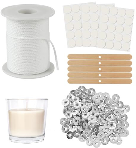 AMFUN 61 m Kerzendocht, Kerzendochte für Kerzen Set, Dochte für Kerzen mit 120 Stück Eisenständer, 120 Stück Kerzen Sticker, 10 Stück Holzdochthalter, für DIY Kommunionkerze Duftkerzen Öllampen