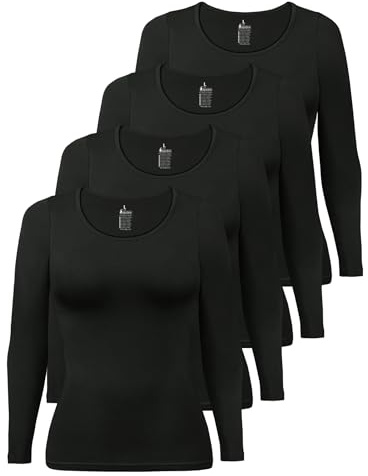 ALPIDEX T-Shirt Femme Manches Longues Lot de 4 Basique Uni Coton Stretch sous-vêtement Col Rond, Taille:M, Couleur:Noir
