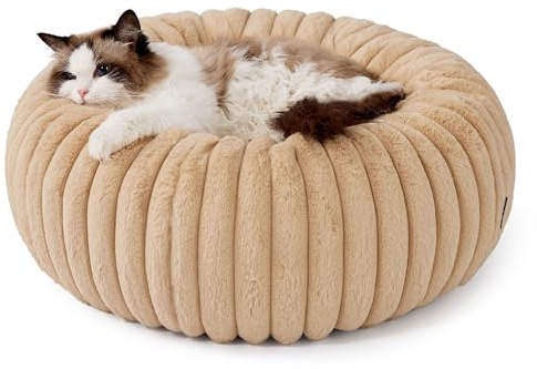 BEDSURE Katzenbett orthopädisches Katzen Bettchen - Flauschiges Donut 51x51x15cm rundes Katzensofa mit waschbarem & abnehmbarem Cord-Fleece-Bezug, rutschfeste Unterseite, Kamel