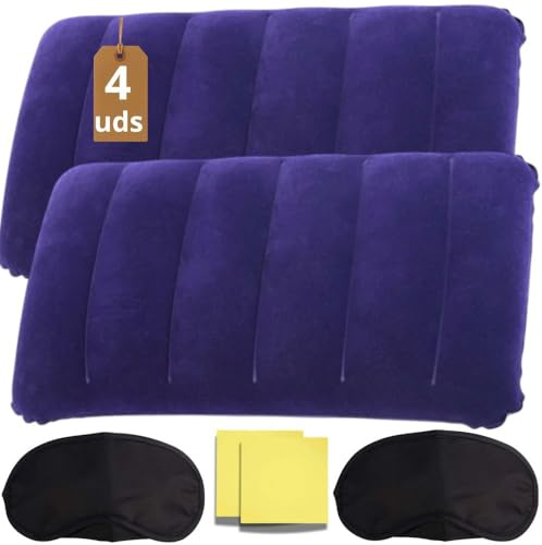 4 Kit Almohada Hinchable Camping Flocada - Cojin Inflable Playa para Cabeza Impermeable - Almohada Piscina y Playa Soporte Hinchable Viaje para Acampar - Almohadilla Senderismo Acampada Ultraligera