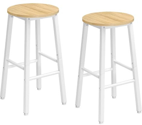 HOOBRO Juego de 2 Taburetes Altos de Bar, Sillas de Cocina y Comedor, con 2 Reposapiés de Distinta Altura, Pies Ajustables, Blanco y Natura EWN07BY01G1