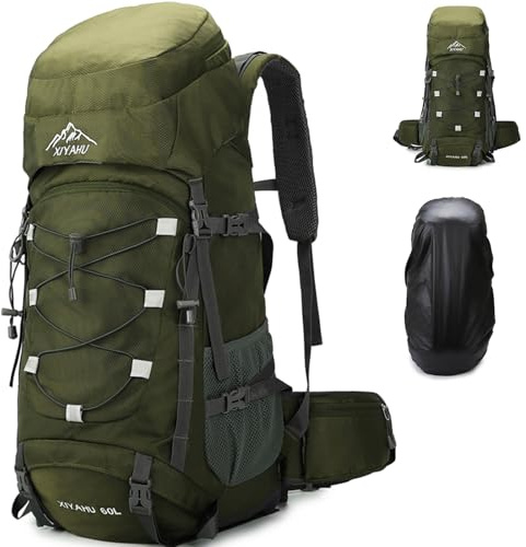 Lawaia Mochila de senderismo de 60 L para viajes, mochila grande de camping para hombres y mujeres, al aire libre, fitness, ligera, con cubierta para la lluvia, impermeable, para caminar, senderismo