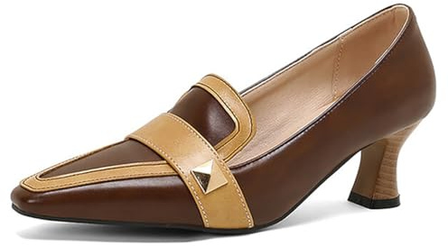 MiaZane Zapatos de tacón bajo Tipo Kitten para Mujer de Punta Fina en Piel sintética PU diseño Efecto cocodrilo Elegantes cómodos para Oficina Fiesta Boda y Trabajo,Marrón,50 EU