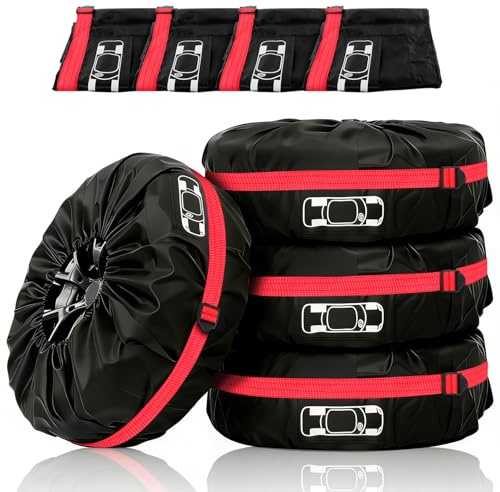 Funda Rueda Repuesto Bolsas para Neumáticos Juego de 4 Diámetro de 66 cm Colsas para Neumáticos Fundas para Llantas de Repuesto para Trailer RV SUV 13-18 Inch (Negro/Rojo-4PCS)