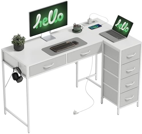 HOMCOM Scrivania Angolare Reversibile con Prese di Corrente e Porte USB, 126x48 cm Scrivania ad Angolo ad L con 6 Cassetti in Tessuto, Gancio Laterale, per Computer Ufficio Studio Casa, Bianco
