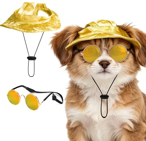 BSITSSS Dog Hat with Dog Sunglasses, UV Protection Cat Sunglasses with Dogs Cap, Funny Sunglasses Hat Visor Cap with Ear Holes for Small Dogs Puppy Kitten Cat Birthday Party Photo Props