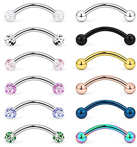 Longita 12 Piezas 14G 16mm Snake Lengua Ombligo Piercing Ceja Anillos Barbell Curvados Acero Inoxidable Cartilago Helix Piercing Oreja Bananabells Joyería del Cuerpo