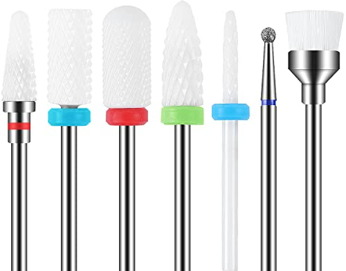 MAQUITA Juego de 7 brocas de cerámica para uñas, profesional, para quitar gel, acrílico, cutícula, diamante, 3/32, brocas para uñas, para manicura, pedicura, salón, uso en el hogar (White)