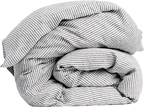 My Linen Home Bettdeckenbezug aus 100% Stonewashed Leinen in Streifen I Steppdeckenbezug I Maschinenwaschbar I Bettdeckenbezug mit Reißverschluss I Single Bettdecke 135x200 cm