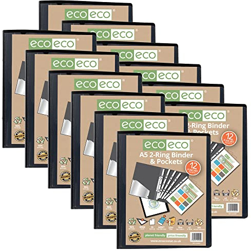 eco-eco Lot de 12 Classeurs de Présentation Rigides A5 à 4 Anneaux en O avec 12 Pochettes Perforées, Tranche de 22 mm, Noir, eco045x12