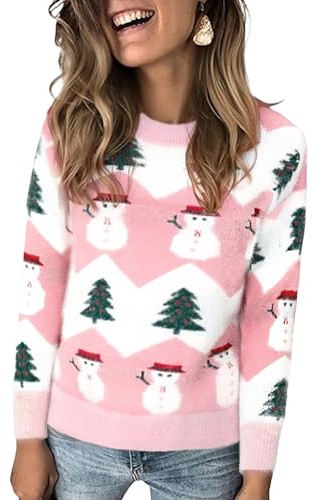 Marvmys Women Knit Sweater Jumper Long Sleeve Pullover Tops Knitwear Crew Neck Loose Warm Vintage Pullover Christmas Sweater Autumn Winter Pink M