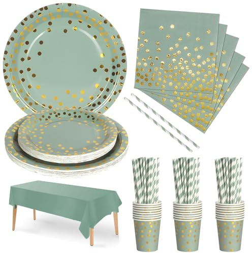 Nkaiso 126 Pcs Sage Green Gold Party Plates Cups and Napkins Set for 25