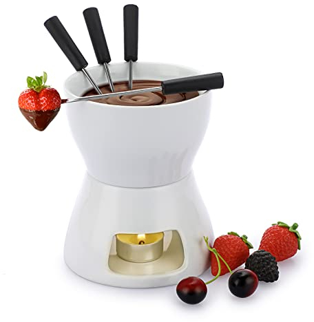 SUMNACON Keramike Schokofondue-Topf-Set mit 4 Gabeln Schoko Fondueset Käsefondue für Schokolade Käse Fondue Familienessen Nachtisch Picknicks Geburtstagsfeiern Urlaubsfeiern Weiss